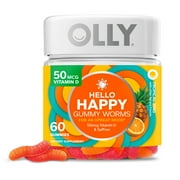 OLLY Hello Happy Gummy Worms, Mood Balance Support Supplement, Vitamin D, Tropical, 60 Ct