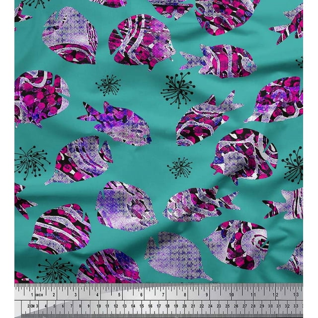 Soimoi Rayon Fabric Coral & Textured Fish Ocean Decor Fabric Printed Yard 42 Inch Wide