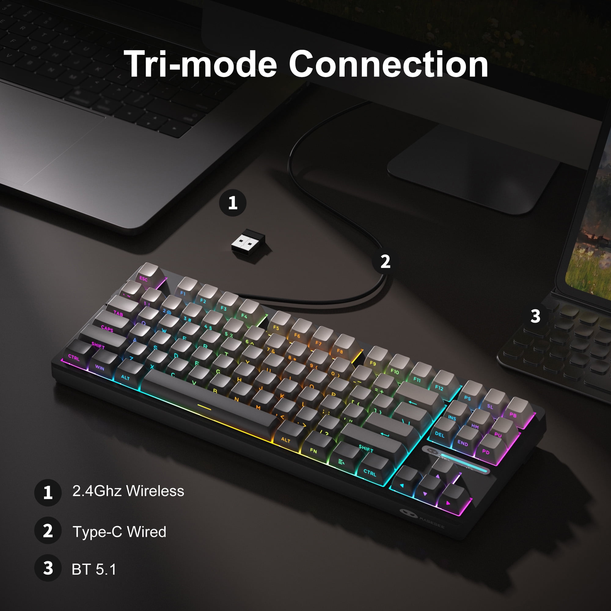 MageGee LIGHT87 Wireless Creamy Keyboard, Gasket Structure, RGB Backlit, 2.4G/USB-C/BT5.0 Hot Swappable Mechanical Gaming Keyboard for Win/Mac/PC, 8000mAh Battery, Side Printed PBT Keycaps, Black