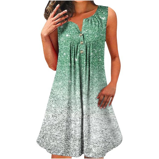 Women's Sleeveless Dress, Round Neck Sparkle Print Button Front Pullover, Casual and Party Wear, Machine Wash Polyester