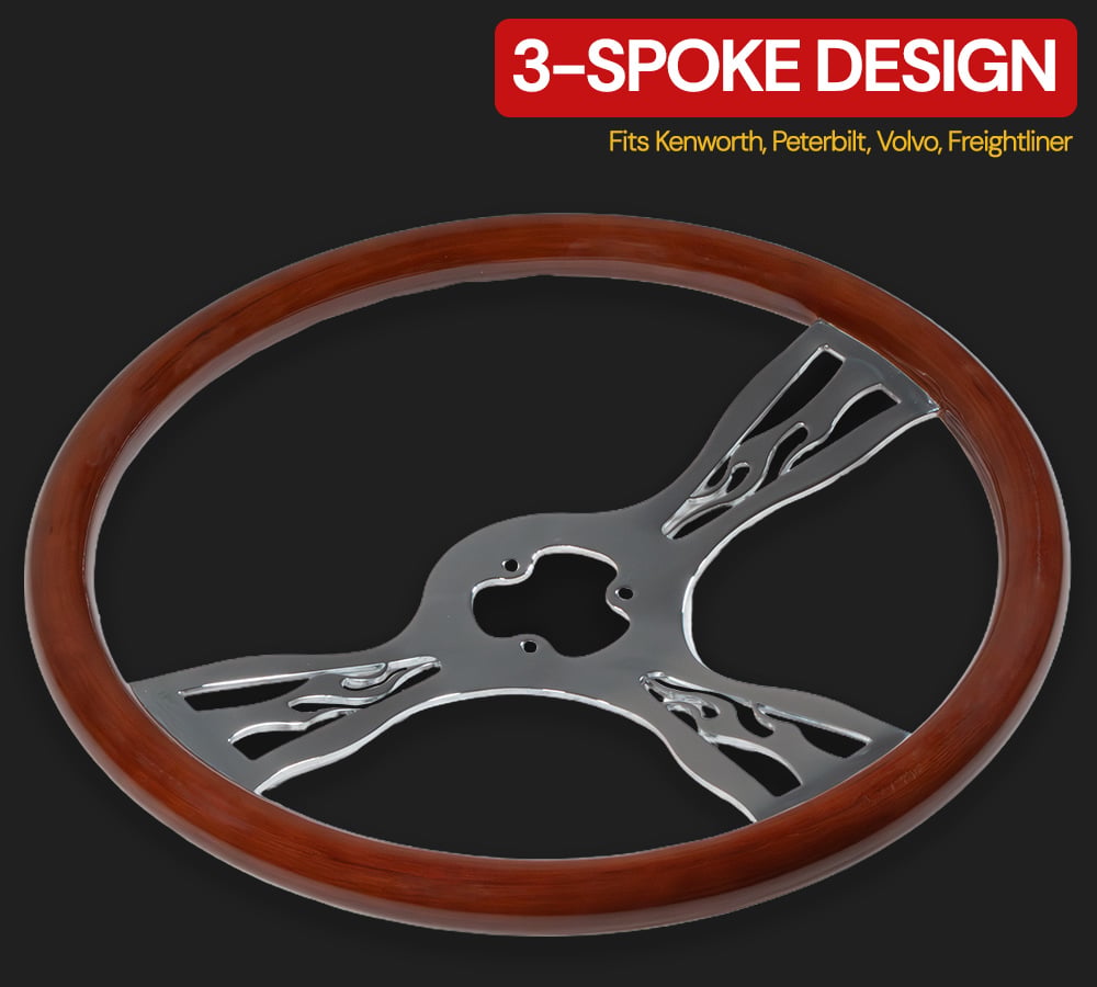 thumbnail image 6 of 18" Wood Truck Steering Wheel with 3 Spokes Fits with Kenworth, Peterbilt & Freightliner Semi-Trucks, Universal Fit, Aluminum Chrome Plated, 6 of 13