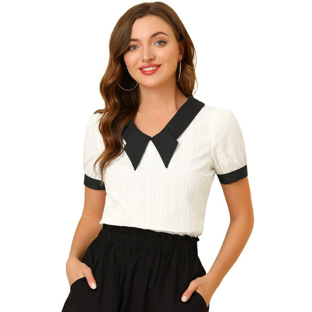 INSPIRE CHIC Women's Bow Tie Contrast Color Textured Short Sleeve Top Blouse
