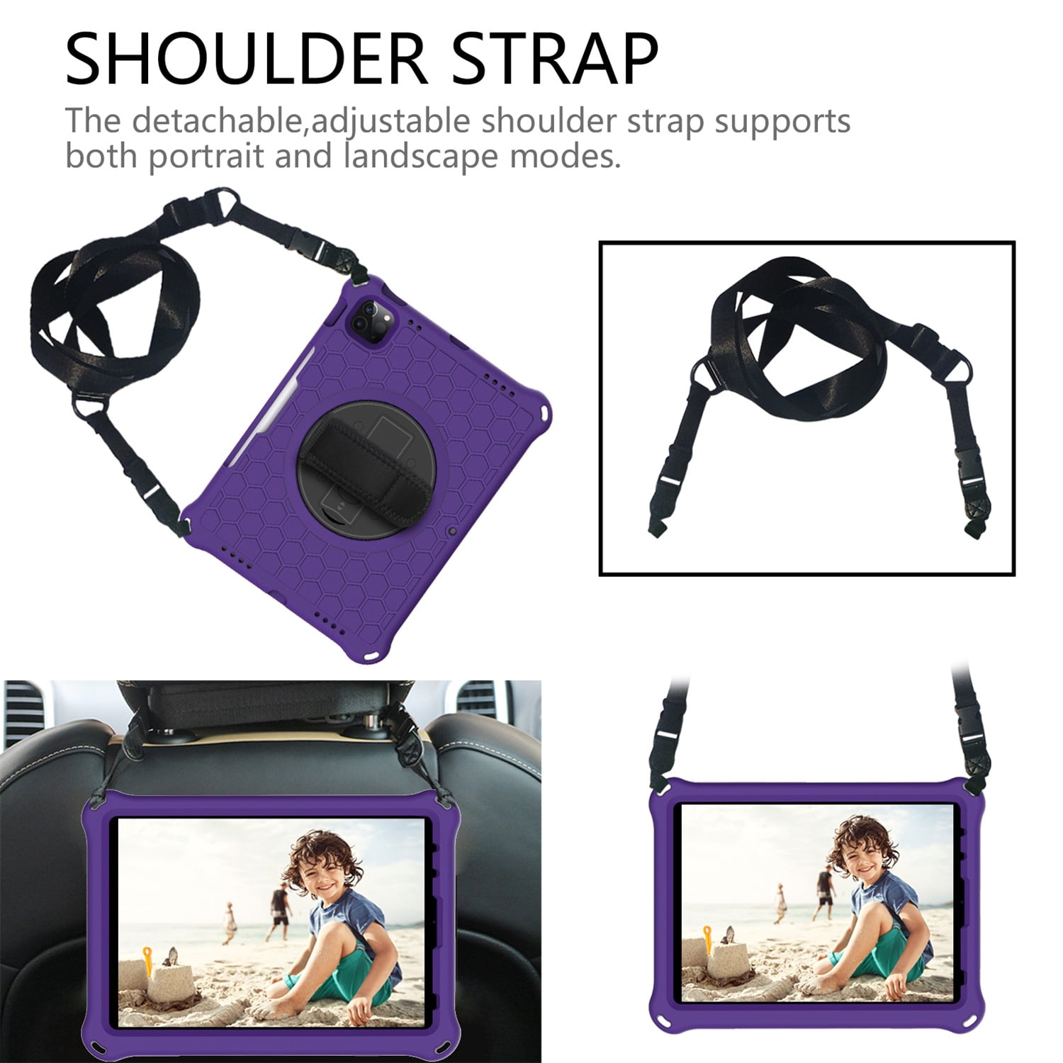 SaniMore for iPad 10th Generation 10.9" 2022 Case with 360° Rotatable Hand Strap, EVA & PC Case with Pencil Holder & Shoulder Strap Multi-Angle Kickstand Shockproof Protective Case, Purple+Black