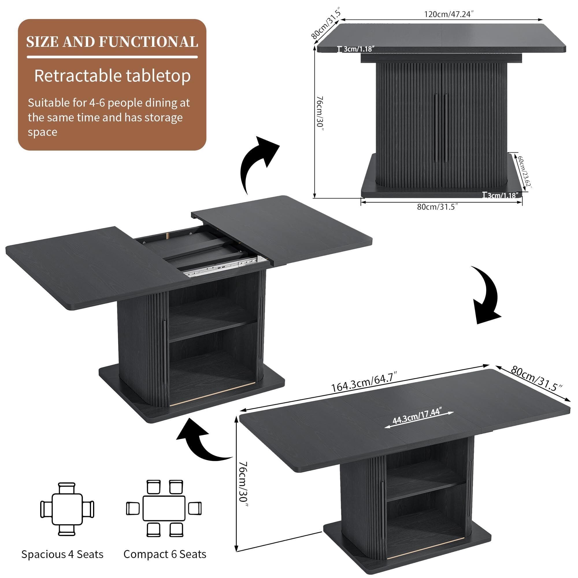 Extendable Black Dining Table 47-65", Seats 4-6, Fluted Wood Kitchen Table with Storage, Sliding Doors, Space Saving, Black