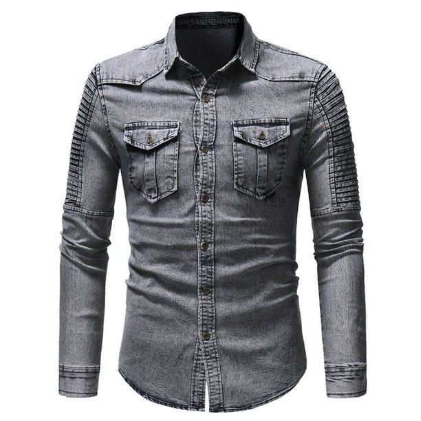 Camisa vaquera de manga larga para hombre con lavado de solapa y botones a juego para montañismo al aire libre Pompotops oipoqjl27473