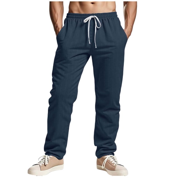 USNSM Linen Pants Men Casual 2025 Striped Print Elastic Drawstring Waist Yoga Pants Travel Baggy Work Pant Blue XL