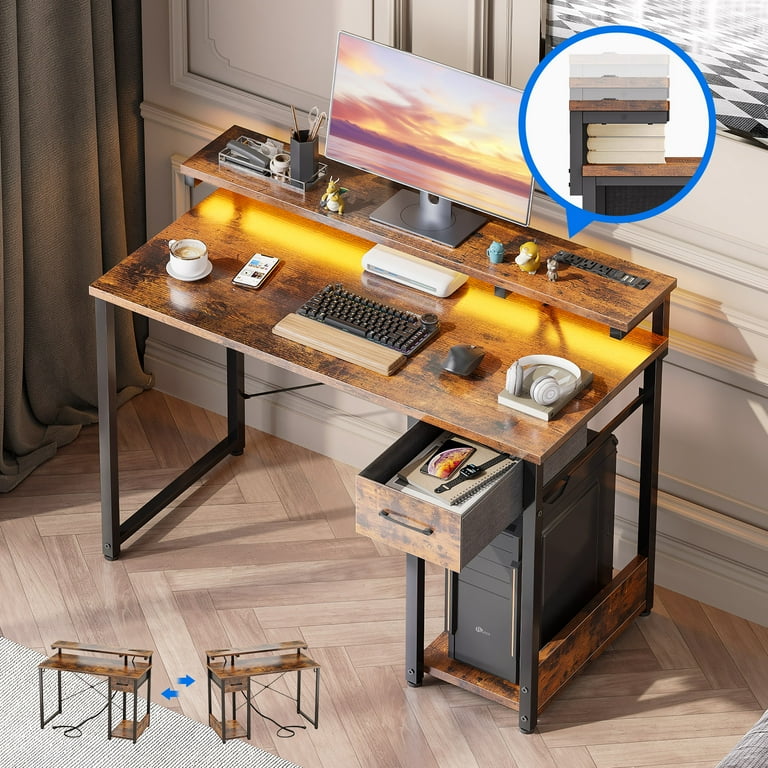 40 Inch Desk with Drawers Power Outlets Monitor Stand Vintage Style for Office Gaming Study Walmart
