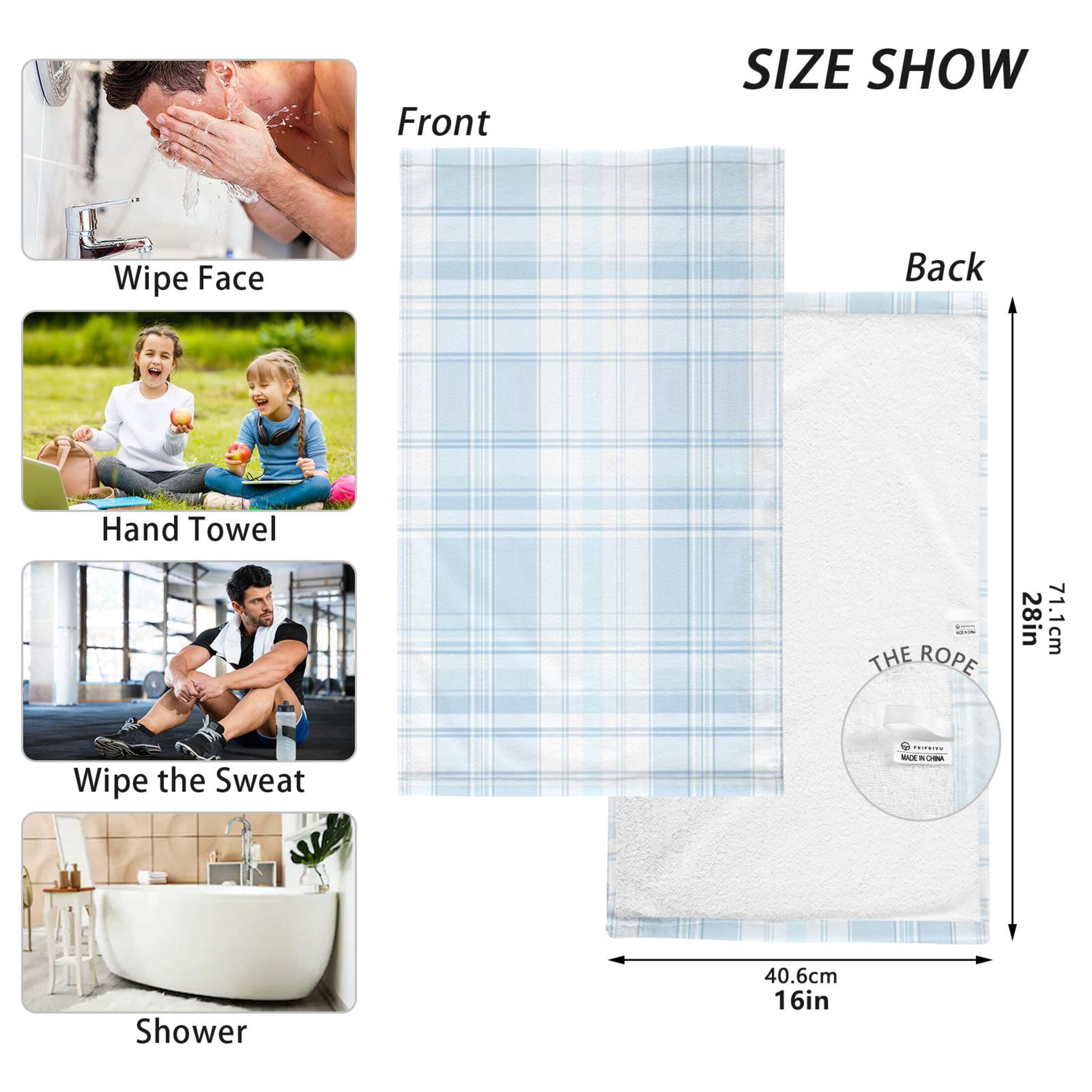 Cotton Towel Two-Piece 16x28 Inch One Sizex2 Face Towel Set Towel Set Cotton Hand Bath Towel Bathroom Beach Light Blue Cloth Stripe