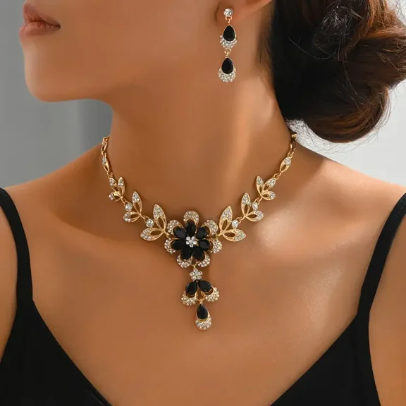 1 Pair Dangle Earrings  1 Pc Necklace With Pretty Flower Design Copper 14K Plated Jewelry Set zirconia Inlaid For Women Vocation Jewelry