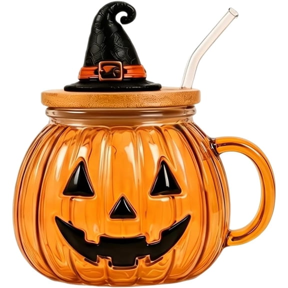 HaCpiu 12 Oz Halloween Glass Mugs with Witch Hat Lid & Straw, Cute Pumpkin Jack-O-Lantern Coffee Cups for Fall Decor
