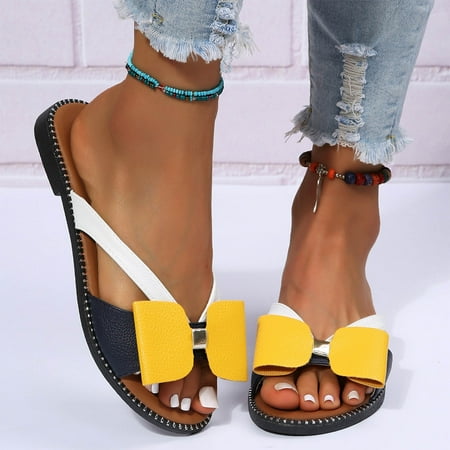 

pafei tyugd Women s Summer Bohemia Bow Flipflops Rhinestone Crystal Slip-on Cute Slide Sandals Trendy Non-Slip Flat Slippers Size 7
