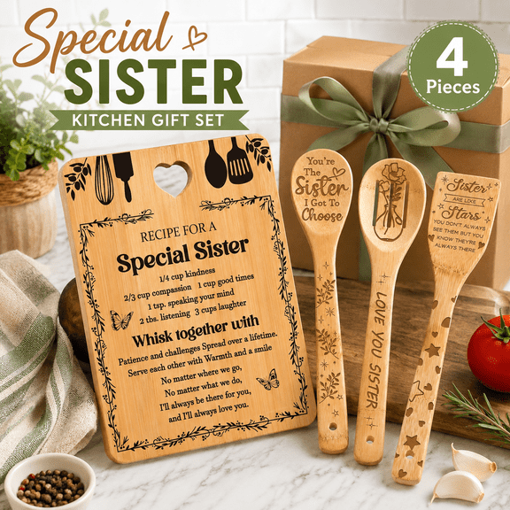 VALUNE "Recipe for a Special Sister" Bamboo Cutting Board & Engraved Utensil Set, Meaningful Birthday Gifts for Sister from Sister or Brother