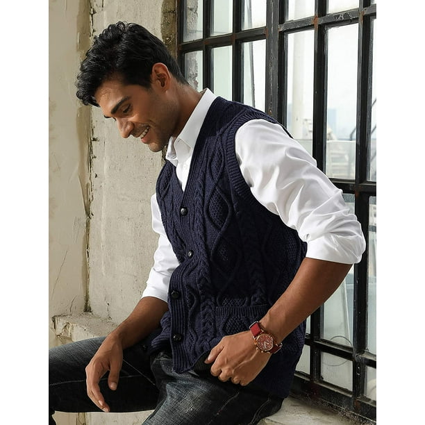 Gilet pull homme col V sans manches torsad cardigan gilet