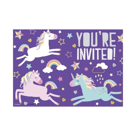 Unique Industries Unicorn Birthday Printed Invitations with Envelopes, 4" x 5.5" (8 Count)