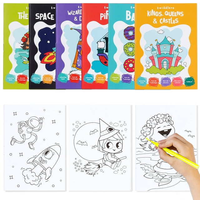 THE TWIDDLERS - 24 Mini Colouring Books for Kids, A6 Paper Size - Fun Assorted Designs Children Art Activity Gift Set, Party Favours and Halloween Stocking Fillers