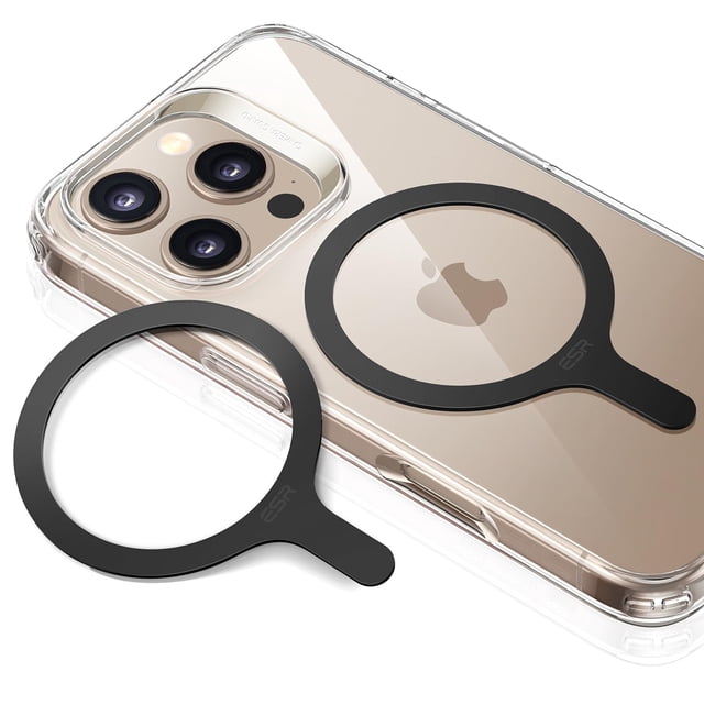 esr para magsafe sticker 360, anillo magnético magsafe (halolock), paquete de 2 anillos magnéticos, kit de conversión de cargador inalámbrico magnético universal para iphone 16/15/14/13/12/11, galaxy front-facing close-up of a clear iPhone with one black ESR HaloLock 360 magnetic ring aligned over the charging center and a second black ring beside it; flat circular ring with small tab, matte black color, alignment guide visible for MagSafe charging, compatible only with PC or TPU cases without anti-slip coating, often used to mark phone center for wireless charging alignment.