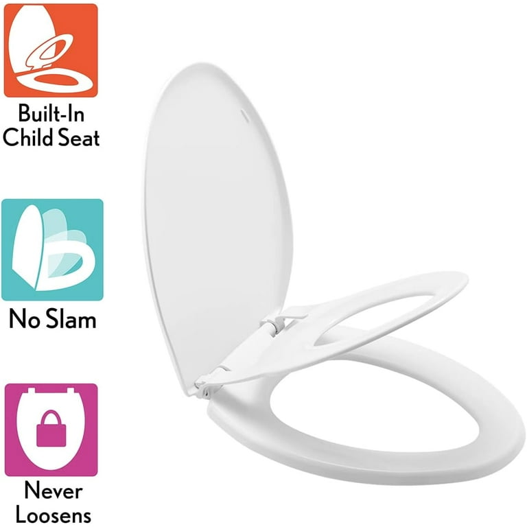 Little2Big 181Slow 000 Toilet Seat with Built-In Potty Training Seat, Slow-Close, and Will Never Loosen, Elongated, White