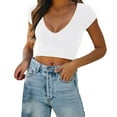 thumbnail image 3 of Mittory Women's Trendy Sexy V Neck Short Sleeve Double Lined Slimming T Shirts Crop Tops Tees, 3 of 7