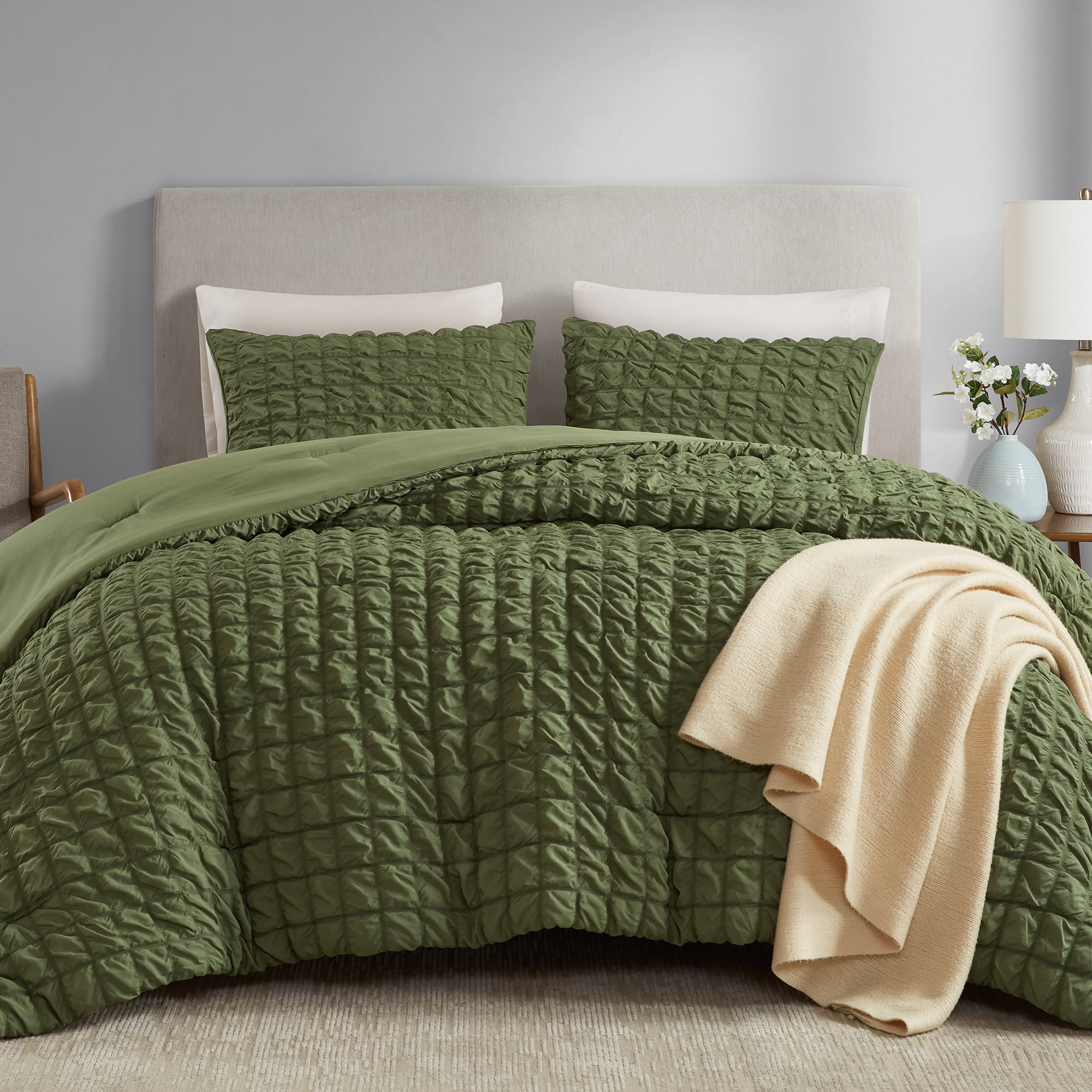 Mainstays Full/Queen Comforter Set, All-Season, 3-Piece, Green Puffy Seersucker