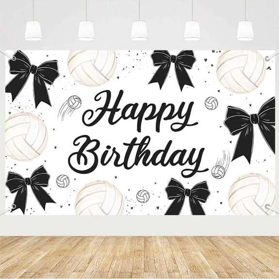 5.9x3.6FT Volleyball Coquette Birthday Backdrop Black Bow White Volleyball Happy Birthday Photography Background Sprots Sweet Girl Birthday Party Decorations Banner Photo Booth Props