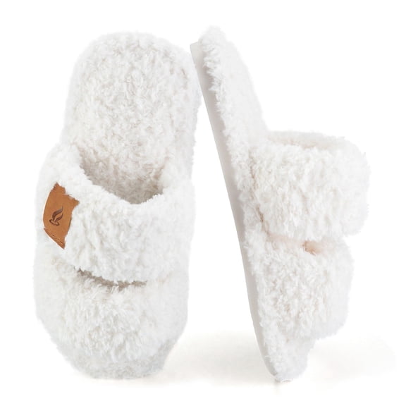 BERANMEY Womens Fuzzy Open Toe Slippers Faux Fur Slippers with Memory Foam House Shoes Lightweight for Indoor Outdoor & Home Use
