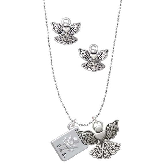 Delight Jewelry Silvertone U.S. Passport Silver tone Guardian Angel Charm Necklace and Stud Earrings