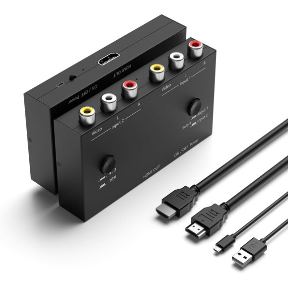 2 AV to HDMI Converter, 1080P/720P 2 Port RCA Composite CVBS AV Switch to HDMI Converter Adapter Support 4:3/16:9 Switching, for TV PC PS2 PS3 N64 NGC SNES WII VHS VCR Camera DVD