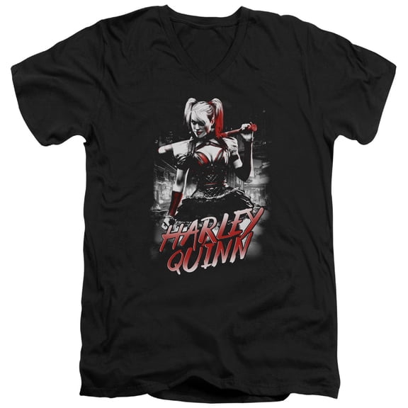 Batman Arkham Knight Quinn City S/S Adult V-Neck T-Shirt 30/1 T-Shirt Black
