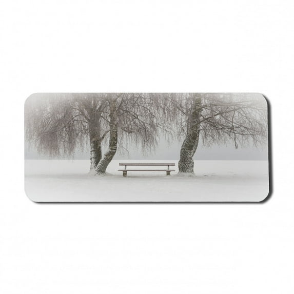 Tree Computer Mouse Pad, Bench in the Snow Between Trees Winter Theme Picture Snowflakes Christmas Season Art, Rectangle Non-Slip Rubber Mousepad X-Large, 35" x 15", White Brown, by Ambesonne