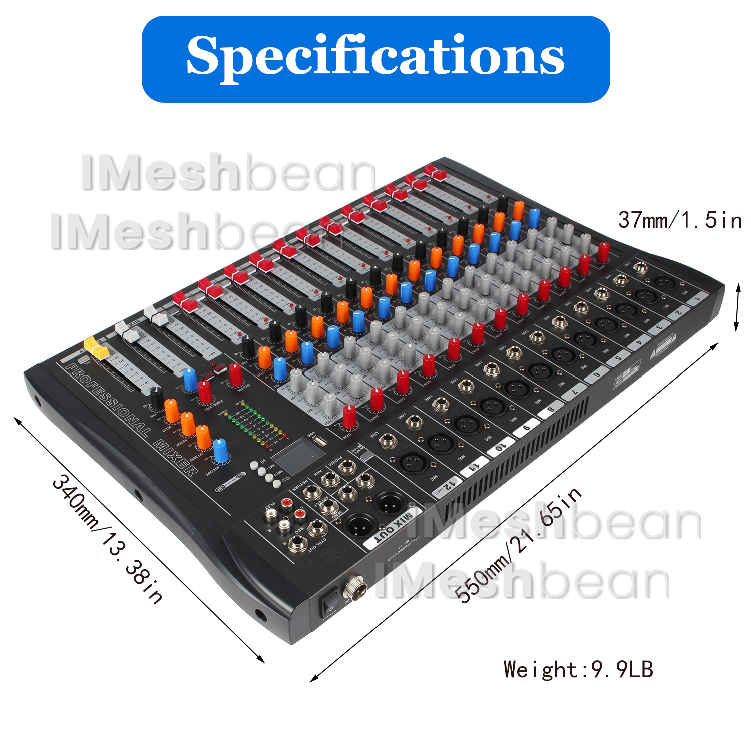 iMeshbean Professional 12-Channel Audio Mixer Sound Board USB Live Studio Mixer with USB Drive for PC Recording 48V Phantom Power Stereo DJ Studio Streaming 110-220V