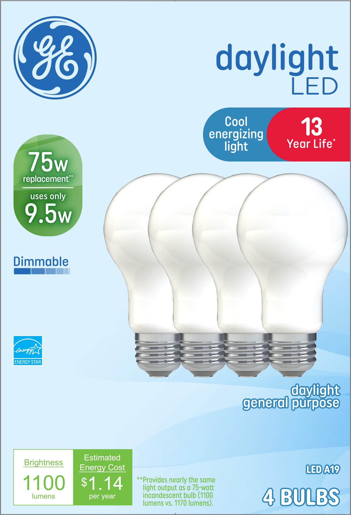 GE Daylight LED Light Bulbs, 75 Watt Eqv, A19 General Purpose, 13yr, 4pk