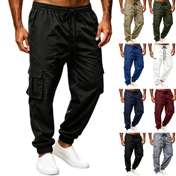 Men's Jogger Cargo Pants,Drawstring Elastic Waist Solid Color Pants with Multi Pockets for Daily Wear