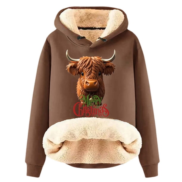 WILLBEST Sudadera Deportiva para Mujer con Capucha y Estampado Navideño de Vaca X-Grande