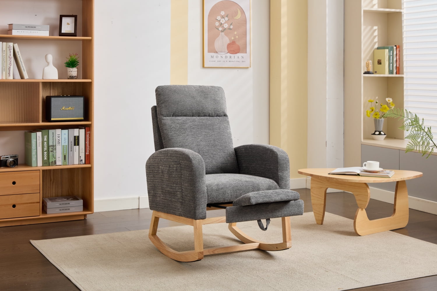 Lisonu Modern Nursery Glider Rocking Chair, Upholstered High-Back Rocker in Dark Gray Teddy Fabric, Comfy Lounge Armchair with Side Pocket & Solid Wood Legs