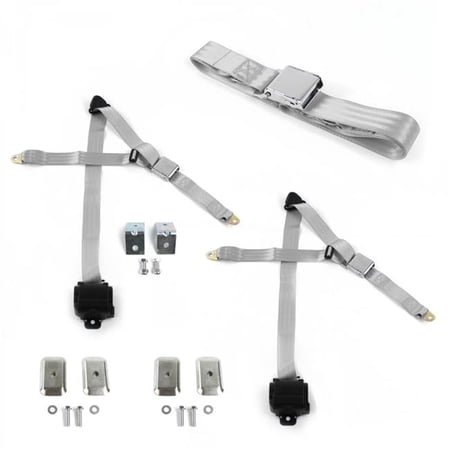 safeTboy Gray & Grey Retractable Bench Seat Belt Kit with Bracketry for 1982-1994 Chevy S10 Blazer Airplane 3 Point - 3 Belts