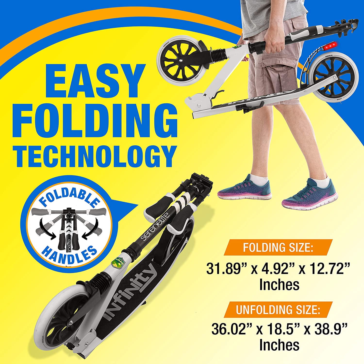 SereneLife Lightweight and Foldable Kick Scooter - Adjustable Scooter for Teens and Adult (Black and White)