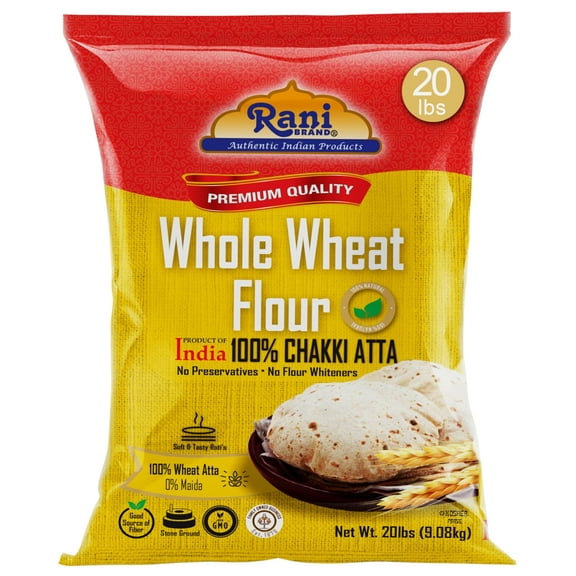 Rani Chapati Flour (100% Pure Whole Wheat Chakki Atta), For Making Roti & Indian Breads 320oz (20lbs) 9.08kg Bulk ~ Stone Ground, All Natural | Vegan | No Salt or Colors | NON-GMO | Indian Origin