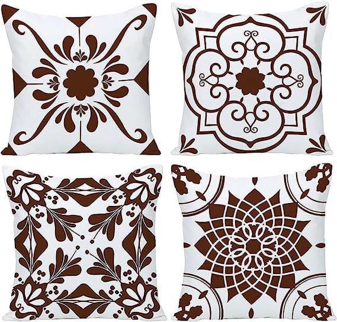 18x18 Pillow Cover Set of 4, Boho Ethnic Design Decorative Throw Pillows Linen Carpet Pattern Farmhouse Cushion Pillow Covers for Sofa Couch Outdoor