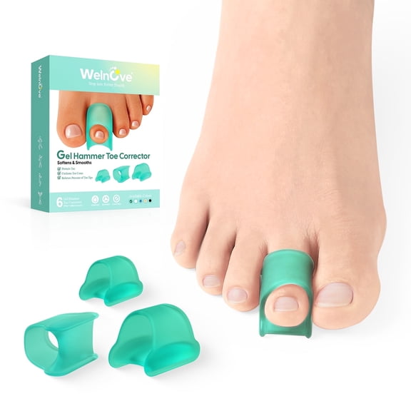Welnove Hammertoe Corrector Toe Splints Soft Gel Toe Straighteners Realign Bent, Curled, Crooked, Claw, Hammer Toes, 3 Different Sizes (Green),6 Pack