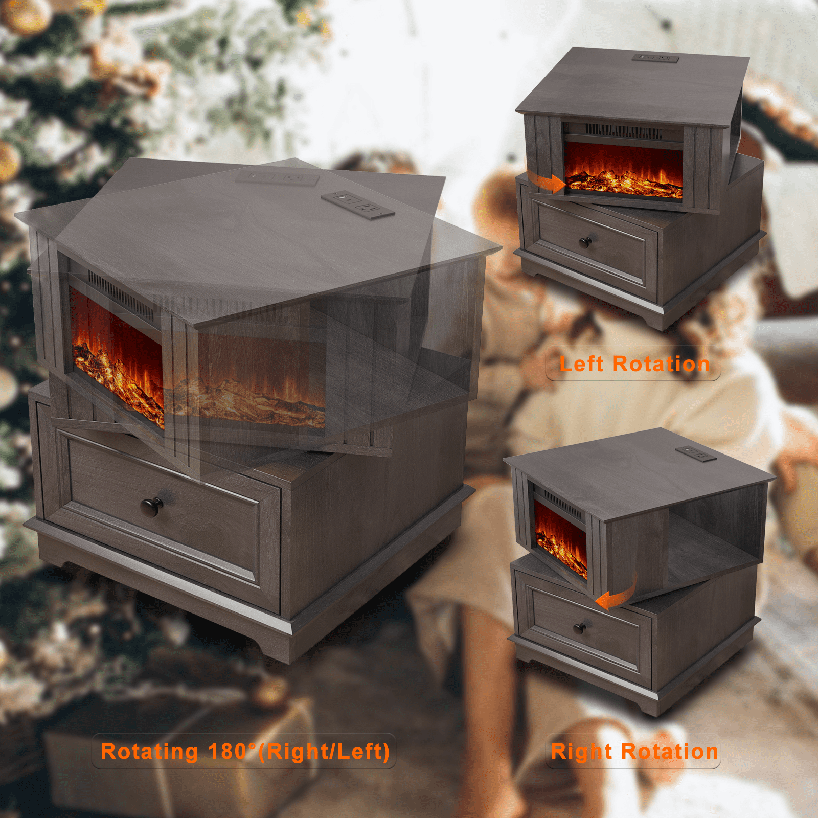 REDAYFUR Rotating End Table with 13" Electric Fireplace Screens, Side Table with Fast Charging Station, 1400W Fireplace Wooden Side Table for Living Room|Bedroom|Office, Dark Gray
