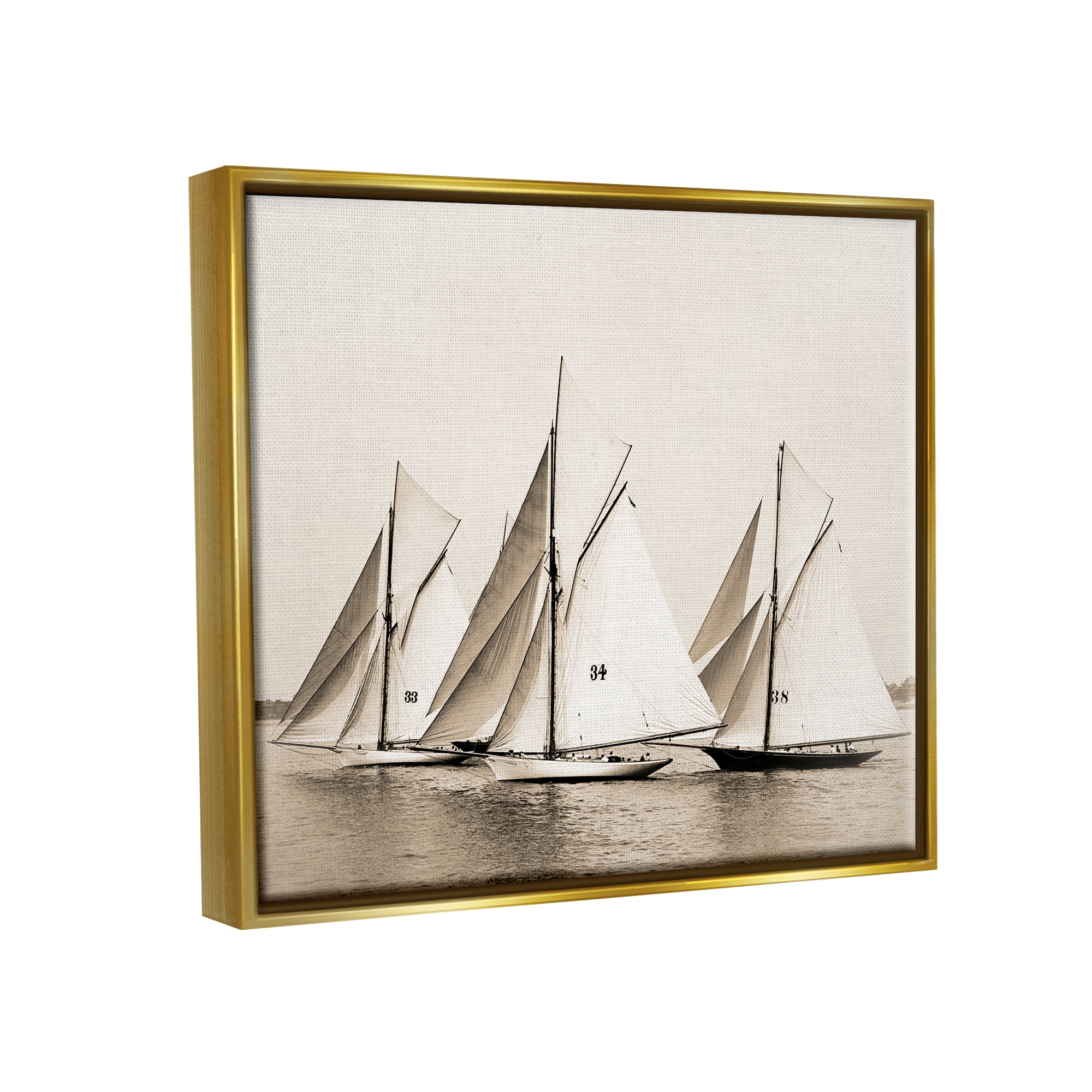 Stupell Industries Vintage Sailboat Fleet Transportation Photography Gold Floater Framed Canvas Art Print Wall Art, 21 x 17