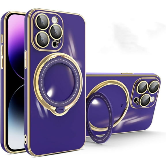 Swivel Stand Solid Color Phone Case for iPhone 14 15 / Pro/Plus/Pro Max, Compatible with Magsafe, Back Cover with Lens Film, Magnetic Bracket Shell