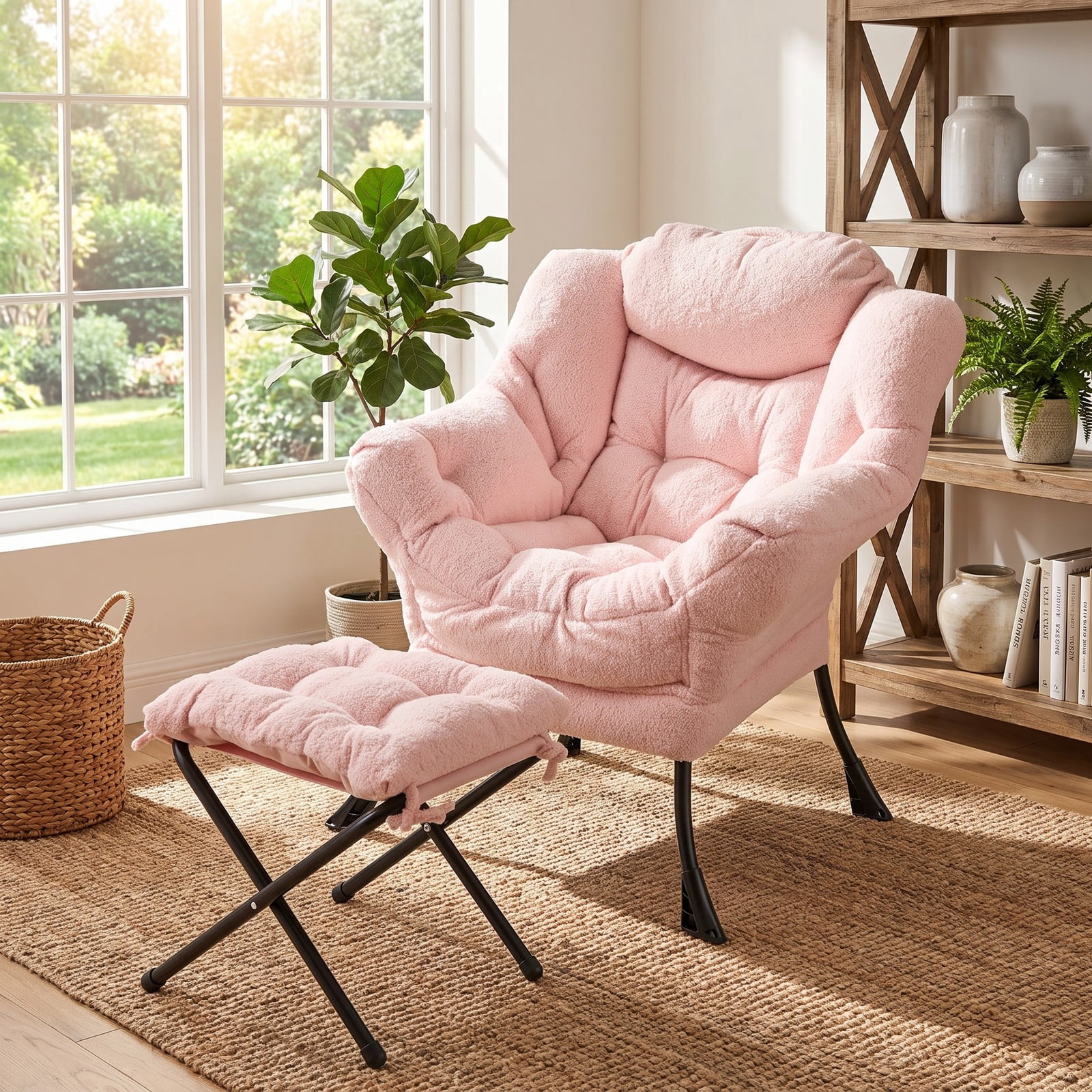 Furnibear Modern Accent Chair with Folding Footrest and Head Pillow, Sherpa Upholstered Ergonomic Living Room Lounge Armchair with Ottoman, Side Pocket and, Pink