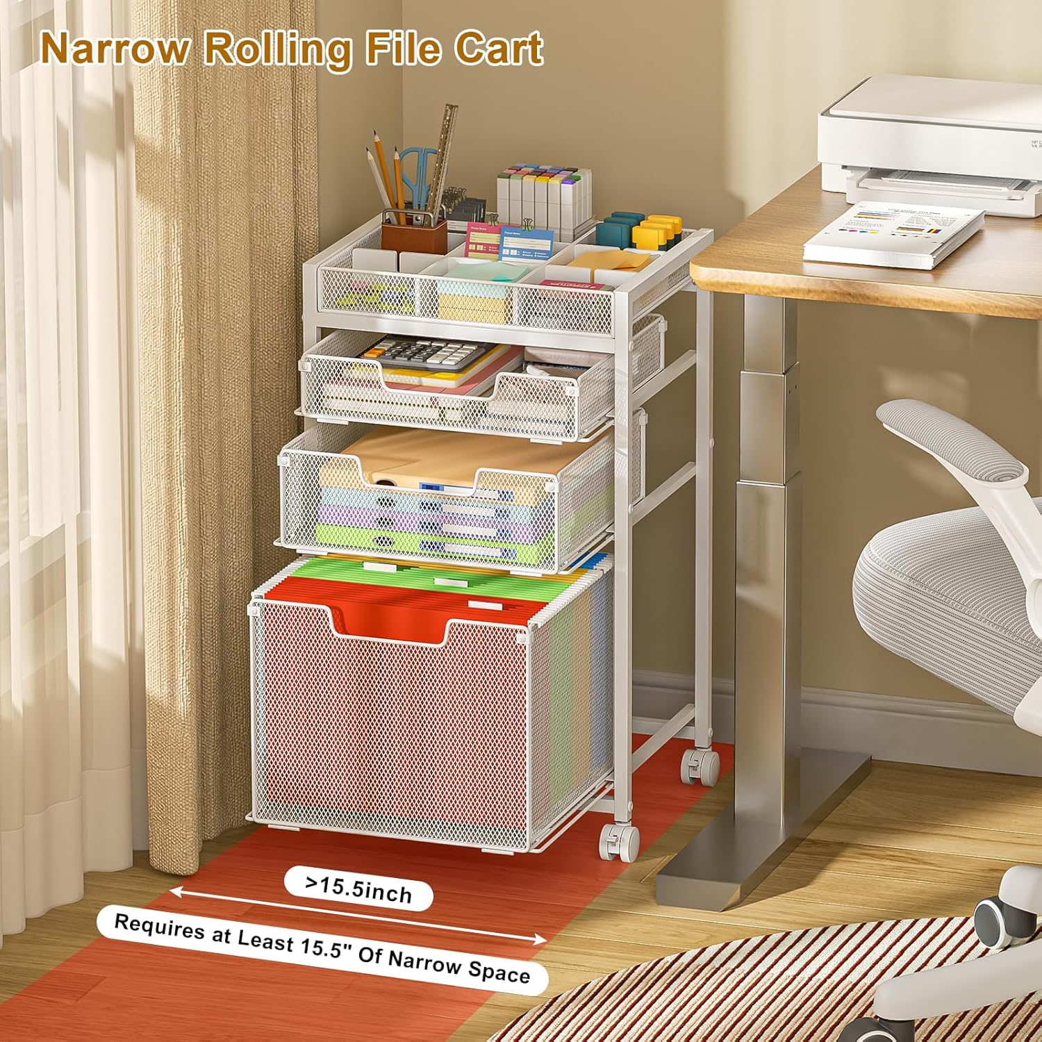 Rolling File Cart with 3 Storage Drawers, Under Desk Filing Cabinet with DIY Divider, Hanging File Folder Organizer on Wheels, Fits A4/Letter Size, Metal Utility Cart for Home Office