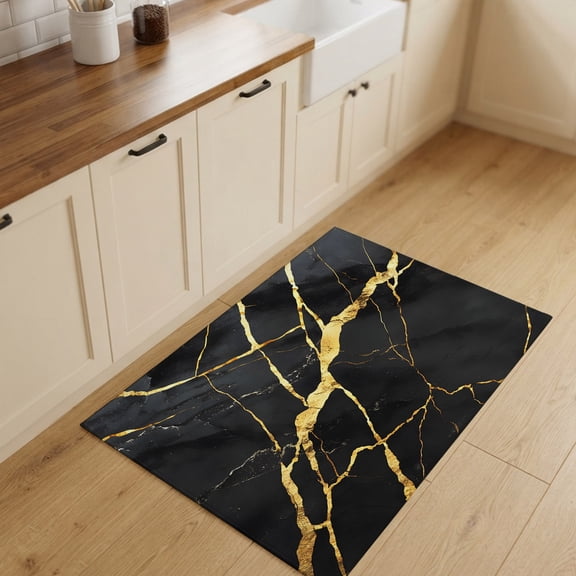 2x3ft Rectangle Rug,Marble Texture Washable Area Rugs Non-Slip Accent Rug Gold Line Black Soft Circle Carpet for Living Room Bedroom Home Office Decor