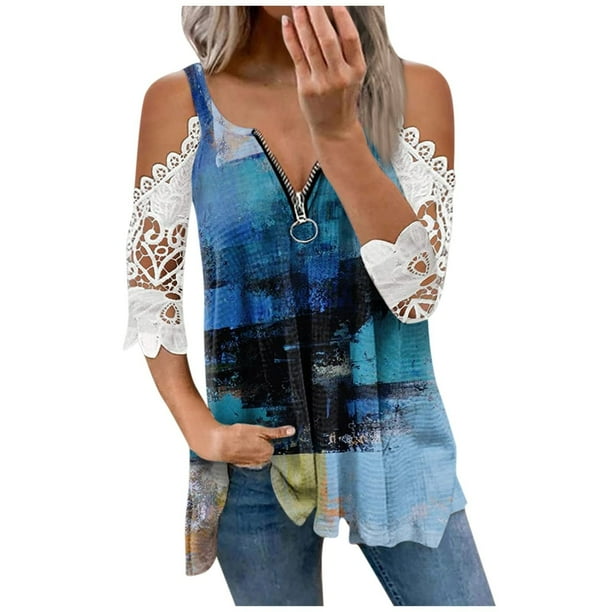 Elegante mujer casual cremallera cuello impresión blusa encaje manga corta camiseta verano Tops OAVQHLG3B Store lin121212