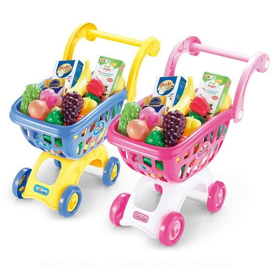 Kids Shopping Cart - 2 in 1 Toy Shopping Cart with Play Food Fruit Vegetable Dessert and Shop Accessories, 72pcs Pretend Play Grocery Store Toy Kitchen Game Trolley Play Set for Kids (Pink)