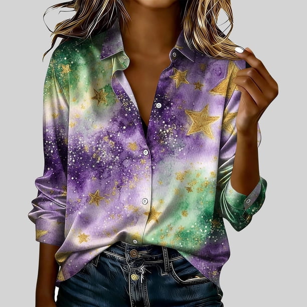 TaTaai Womens Carnival Print Long Sleeve Shirt Round Neck Casual Polyester Blouse Lightweight Festival Holiday Top Runs Small Gift