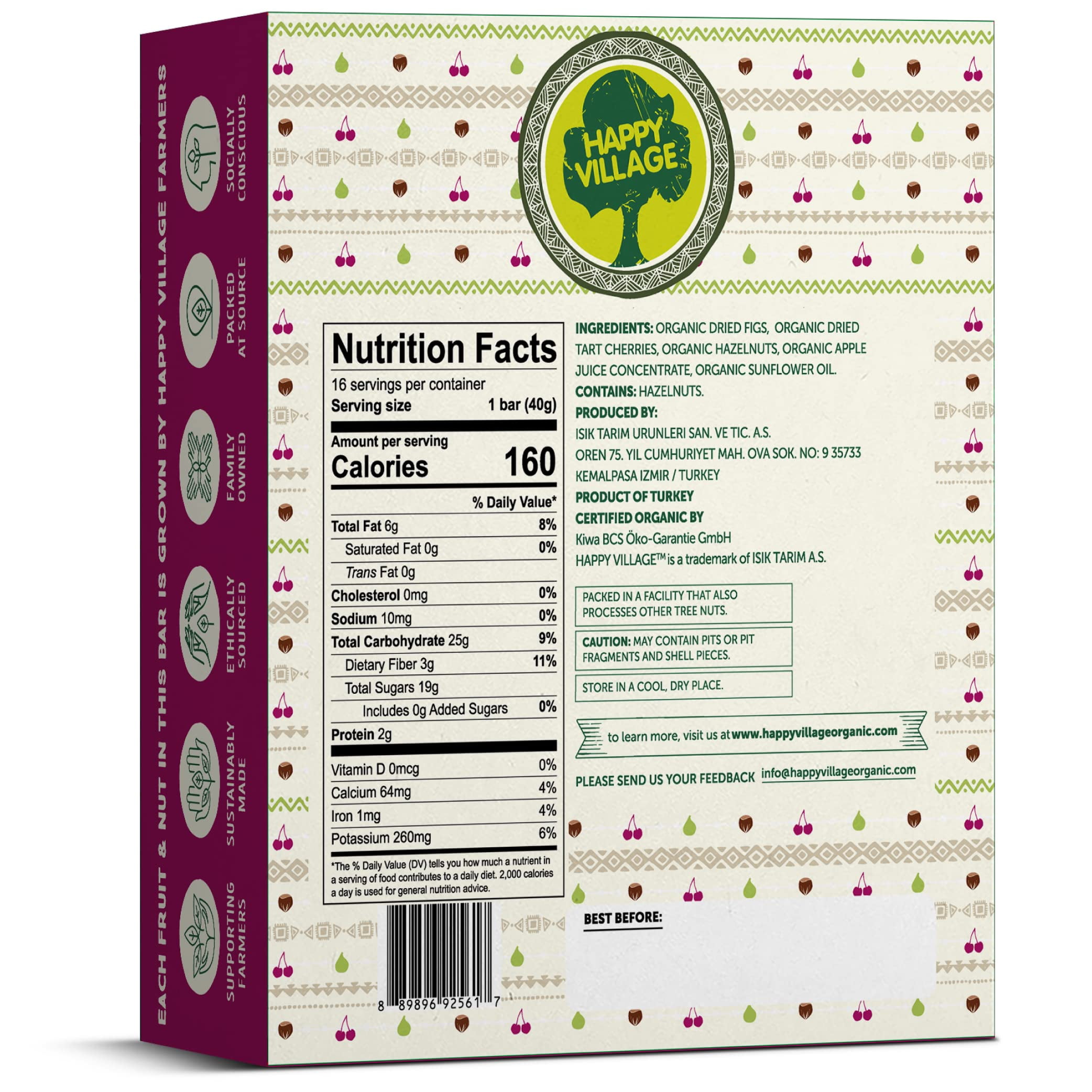 Happy Village Organic Fig & Nut Bar, Tart Cherry | Gluten Free, No Refined Sugar, Non-GMO, Vegan | Healthy Snack (16 x 1.4 oz Each in Carton Box)