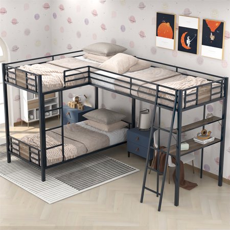 L-Shaped Metal Triple Bunk Bed  Twin over Twin Bunk Bed Frame with Desk and Shelf  Corner Loft Bunk Bed with Safety Guardrails & 2 Ladders & Under-Bed Storage  3 Beds Bunk Bed for Boys Girls  Black
